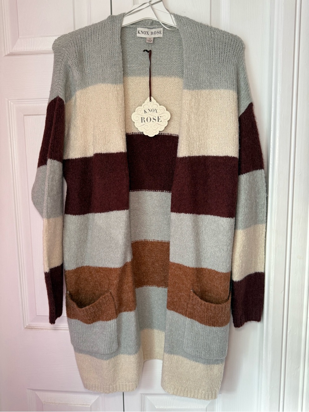Knox Rose Open-Front Striped Cardigan in Gray, Cream & Brown